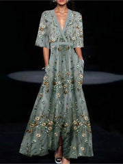 Deep V-Neck Belted Print Dress