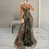 Elegant Print Pleated Mesh Evening Dress Sexy off Shoulder Ins Vacation Long Dress Summer V Neck High Waist Backless Sling Dress