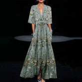 Deep V-Neck Belted Print Dress
