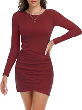 Women Fall Ruched Bodycon Long Sleeve Dress Wrap Front Elegant Casual Basic Fitted Short Dresses, 2XL Light Grey