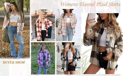 Womens Plaid Shirts Flannel Shacket Jacket Long Sleeve Button down Boyfriend Shirt Coats