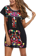 Women Mexican Embroidered Dress Short Sleeve