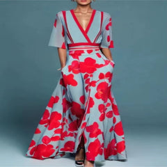 2024 Women'S Spring Autumn New Fashionable Printed Sexy Deep V-Neck Shrink Fold Belt Temperament Commuter Short Sleeved Dress