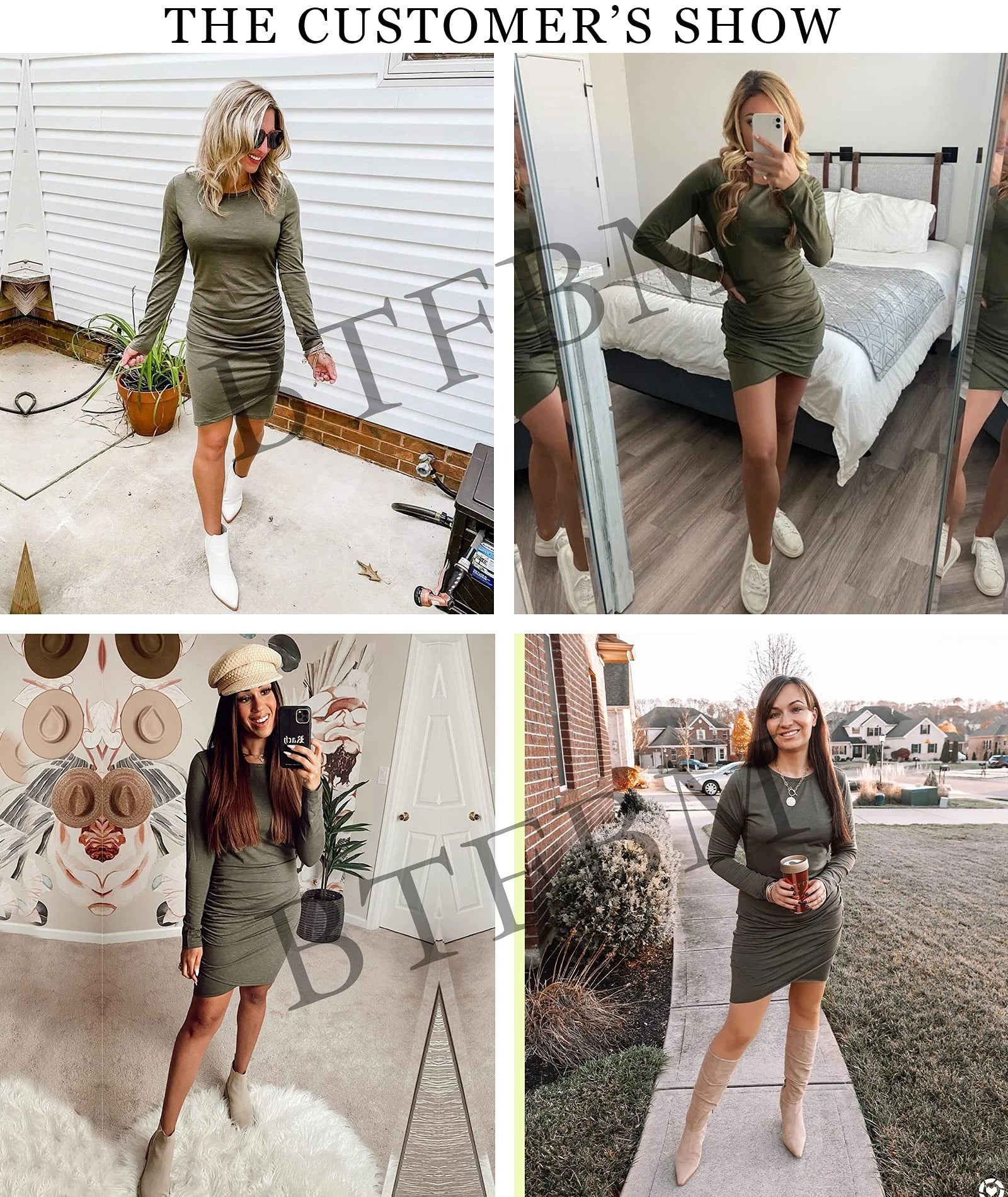 Women Fall Ruched Bodycon Long Sleeve Dress Wrap Front Elegant Casual Basic Fitted Short Dresses, 2XL Light Grey