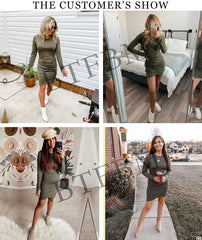Women Fall Ruched Bodycon Long Sleeve Dress Wrap Front Elegant Casual Basic Fitted Short Dresses, 2XL Light Grey