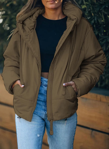 Women'S Hooded Puffer Jacket Winter Warm Full Zip up Oversized Short Quilted Coat with Pockets Petite