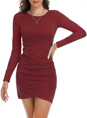 Women Fall Ruched Bodycon Long Sleeve Dress Wrap Front Elegant Casual Basic Fitted Short Dresses, 2XL Light Grey