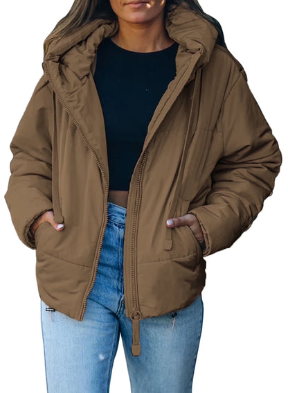 Women'S Hooded Puffer Jacket Winter Warm Full Zip up Oversized Short Quilted Coat with Pockets Petite